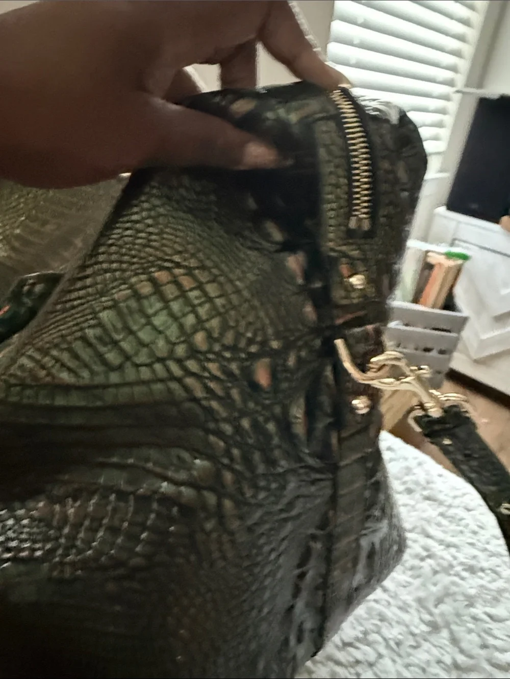 Brahmin Iridescent Green Croc-Embossed Satchel with Copper Highlights